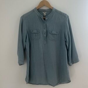 LL Bean Linen Lyocell Blend Top Tunic Pullover 3/4 Sleeves Light Blue Buttons M